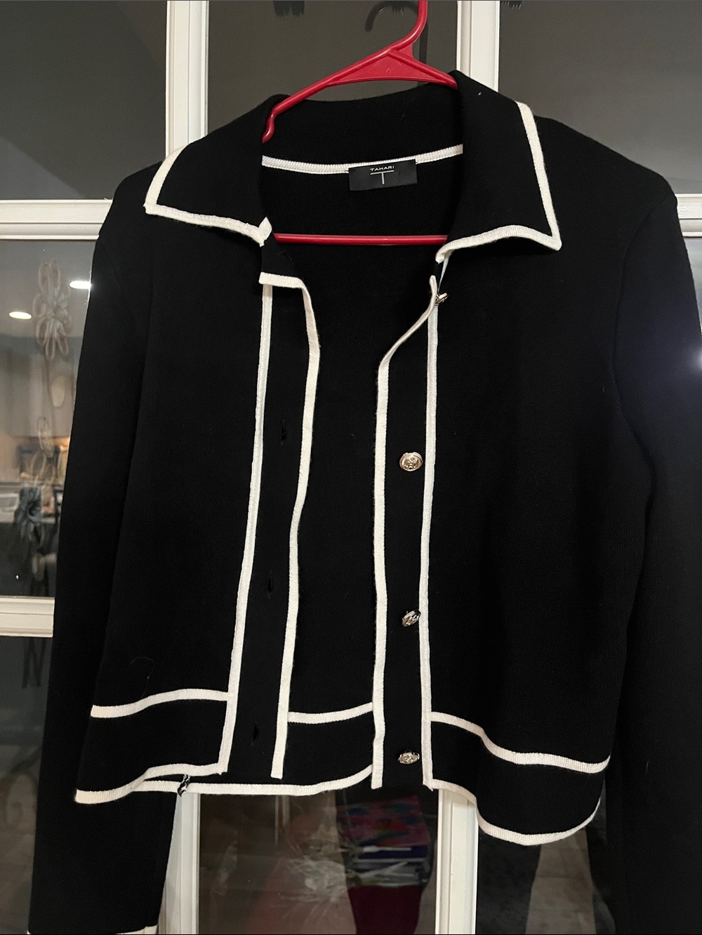 Tahari Black Cardigan with White Trim - Women's Sweater